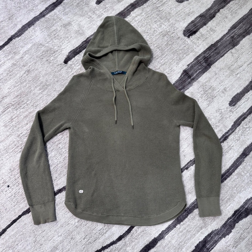Lauren Ralph Lauren Olive Green Waffle Knit Hoodie Sweater Small Raglan Sleeve